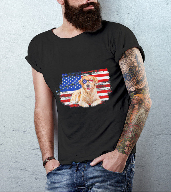 Golden Retriever With American Flag Glasses On 4th Of July Background T-Shirt
