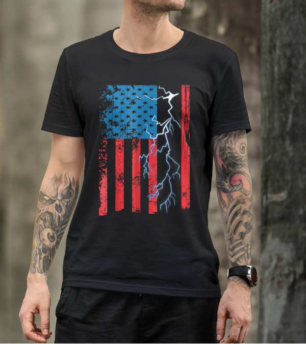 American Flag With Lightning And Stars Electrician Mechanic T-Shirt