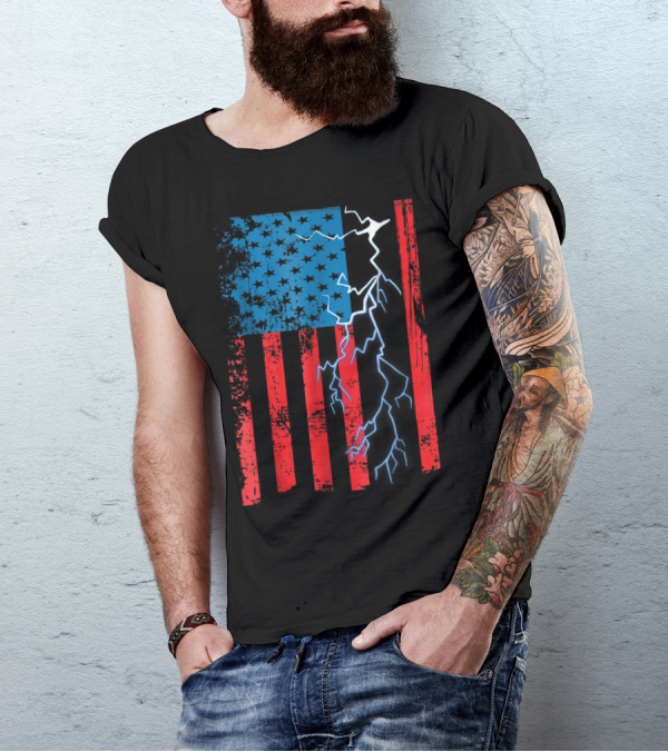 American Flag With Lightning And Stars Electrician Mechanic T-Shirt