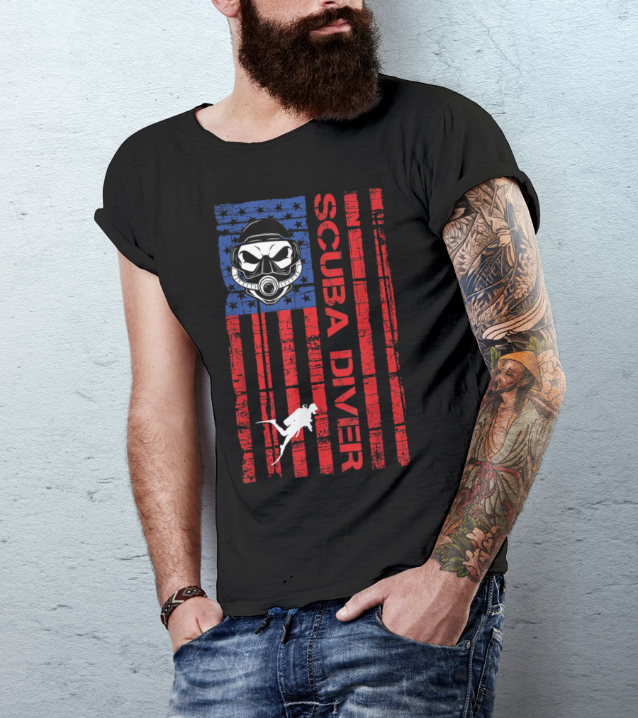 American Flag Scuba Diver Mask Stars And Stripes Ocean Scuba Diving T-Shirt