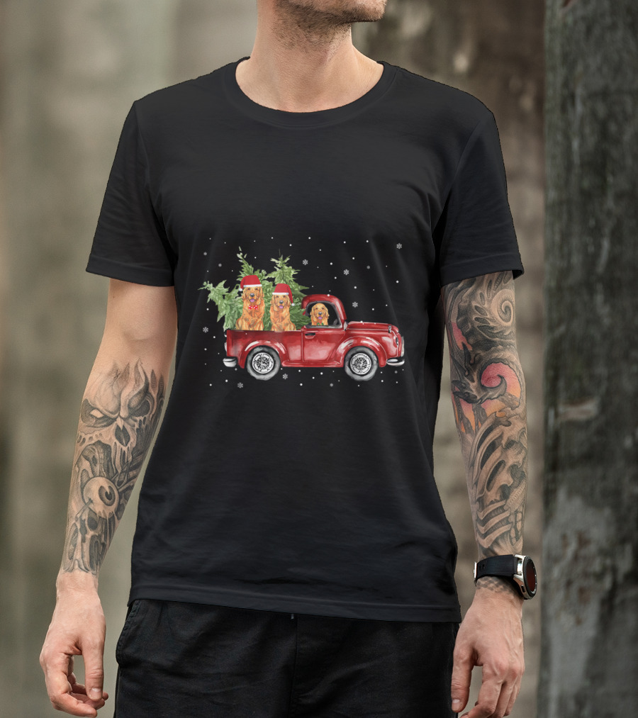 Golden Retriever Santa Hats In Red Pickup Truck With Snowflakes And Christmas Trees T-Shirt