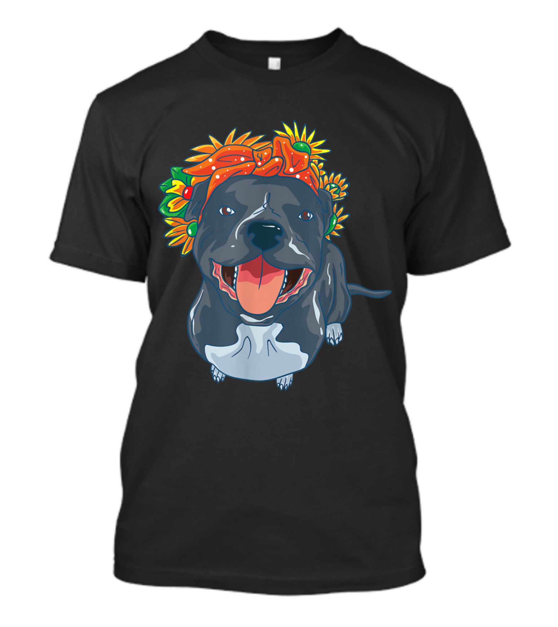 Blue And Grey Pitbull Wearing Sunflower And Fruit Crown Funny Dog T-Shirt