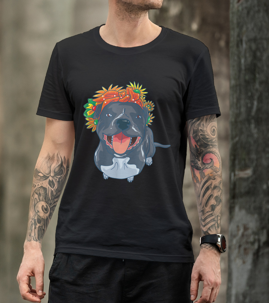 Blue And Grey Pitbull Wearing Sunflower And Fruit Crown Funny Dog T-Shirt