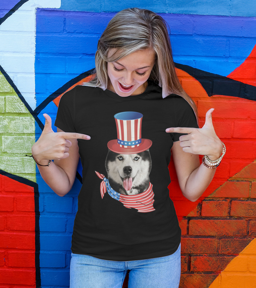 Patriotic Husky Wearing Uncle Sam Hat With American Flag Bandana 4th Of July T-Shirt