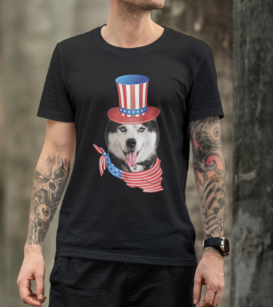 Patriotic Husky Wearing Uncle Sam Hat With American Flag Bandana 4th Of July T-Shirt