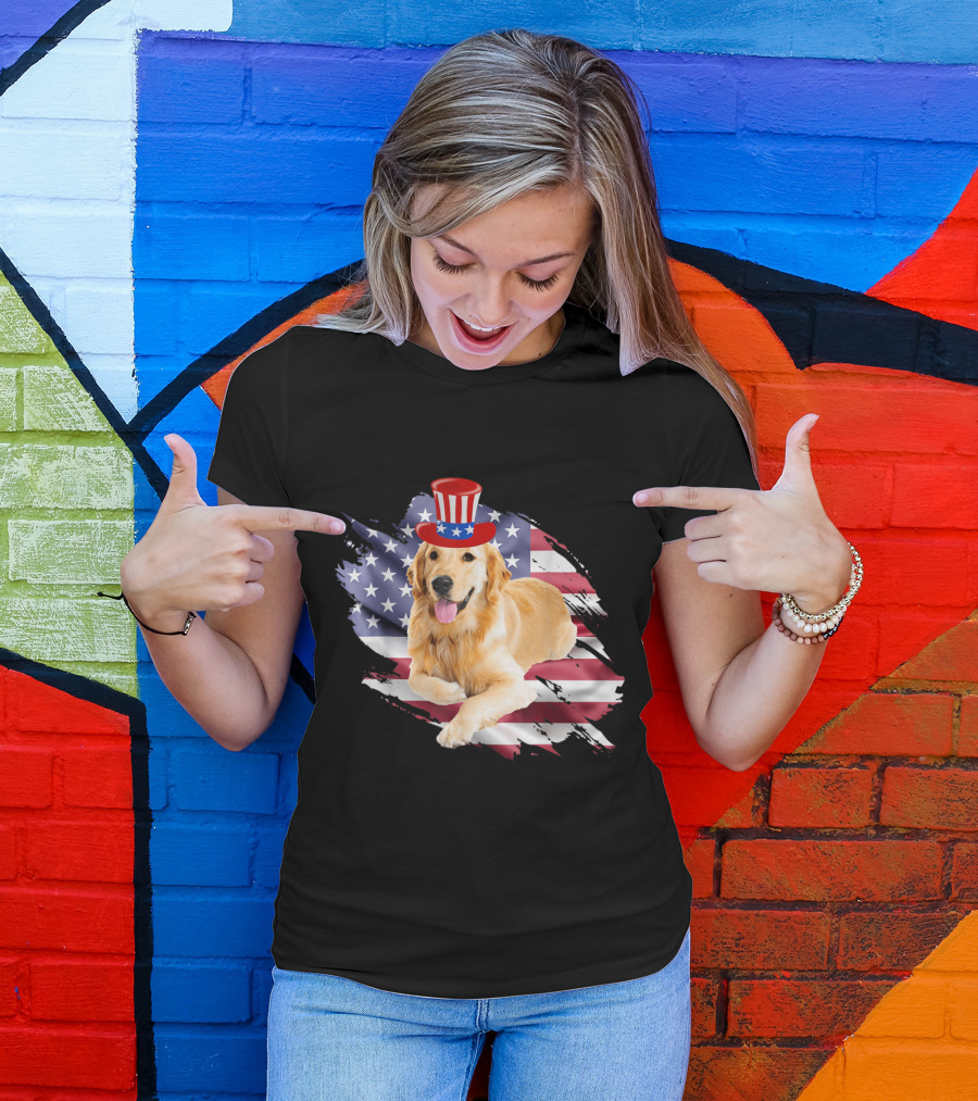 Golden Retriever With American Flag And Uncle Sam Hat T-Shirt
