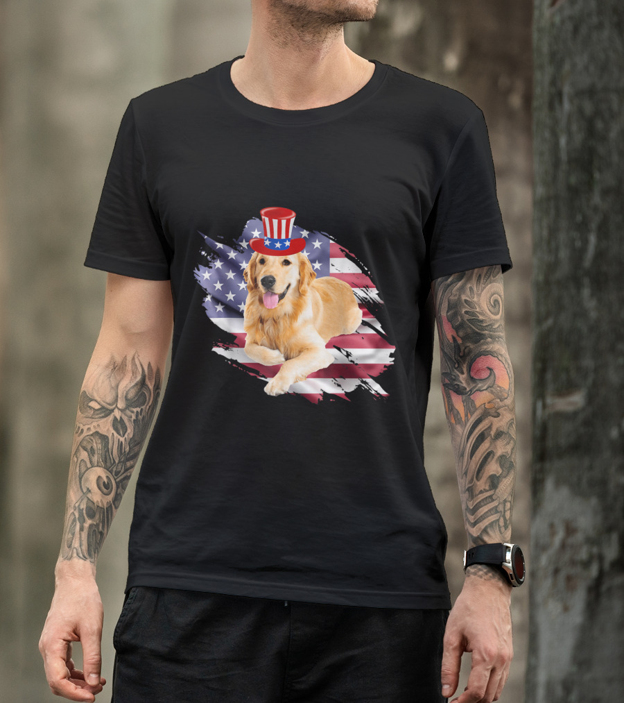 Golden Retriever With American Flag And Uncle Sam Hat T-Shirt