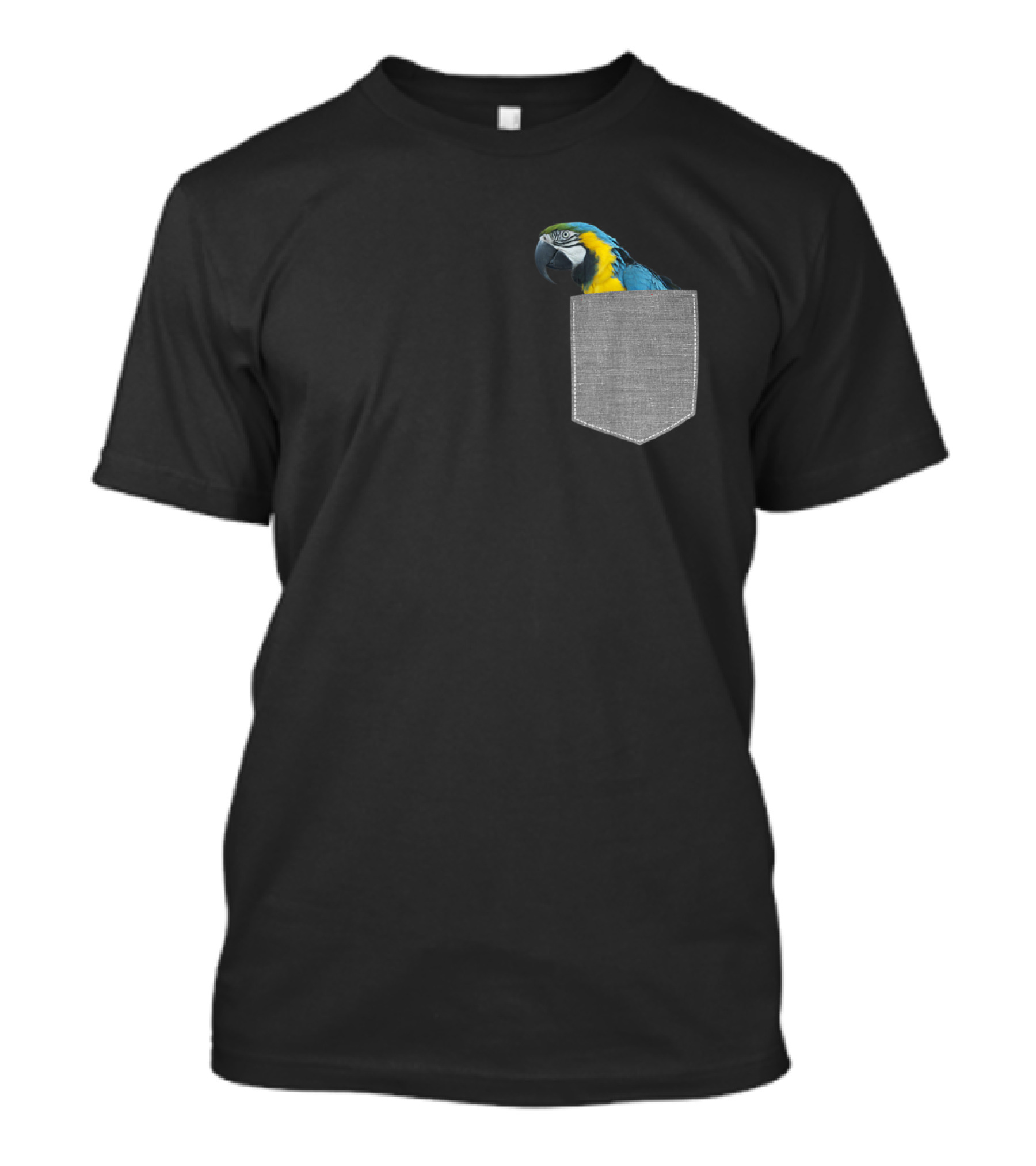 Parrot Macaw Peeking From Pocket Blue And Gold T-Shirt