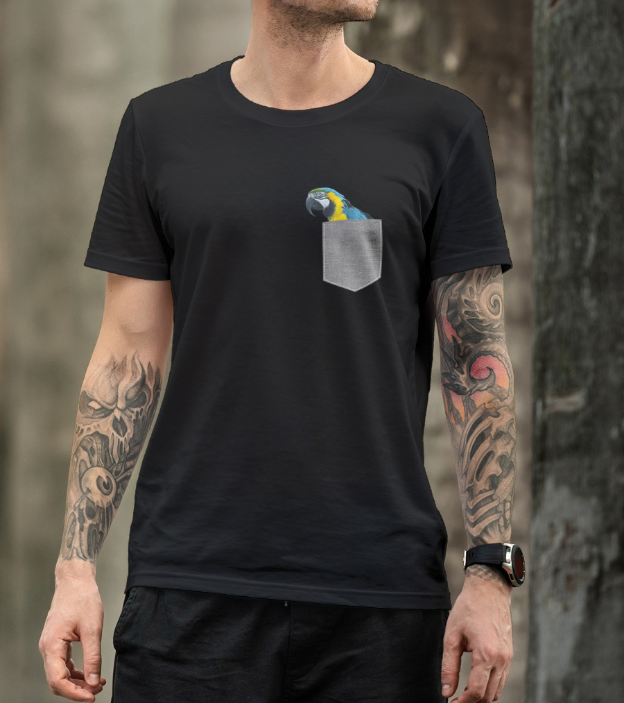 Parrot Macaw Peeking From Pocket Blue And Gold T-Shirt