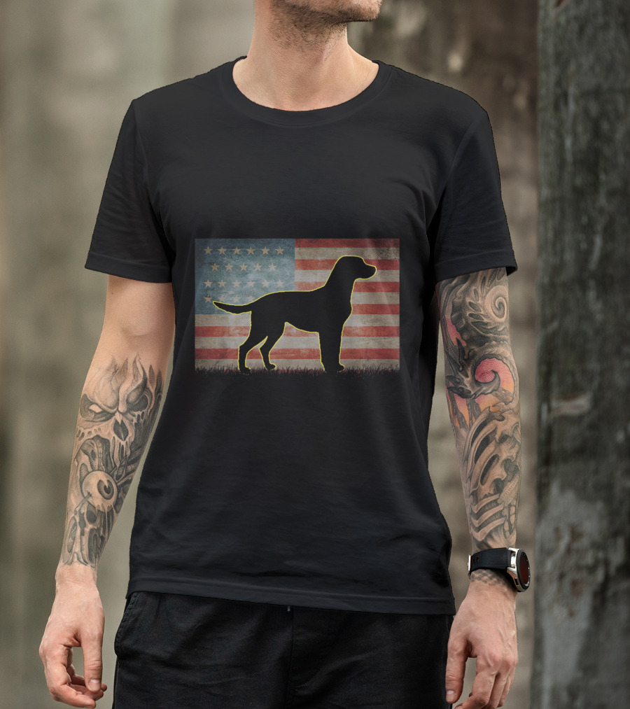 Blue Lacy Dog Silhouette With American Flag Background For 4th Of July T-Shirt