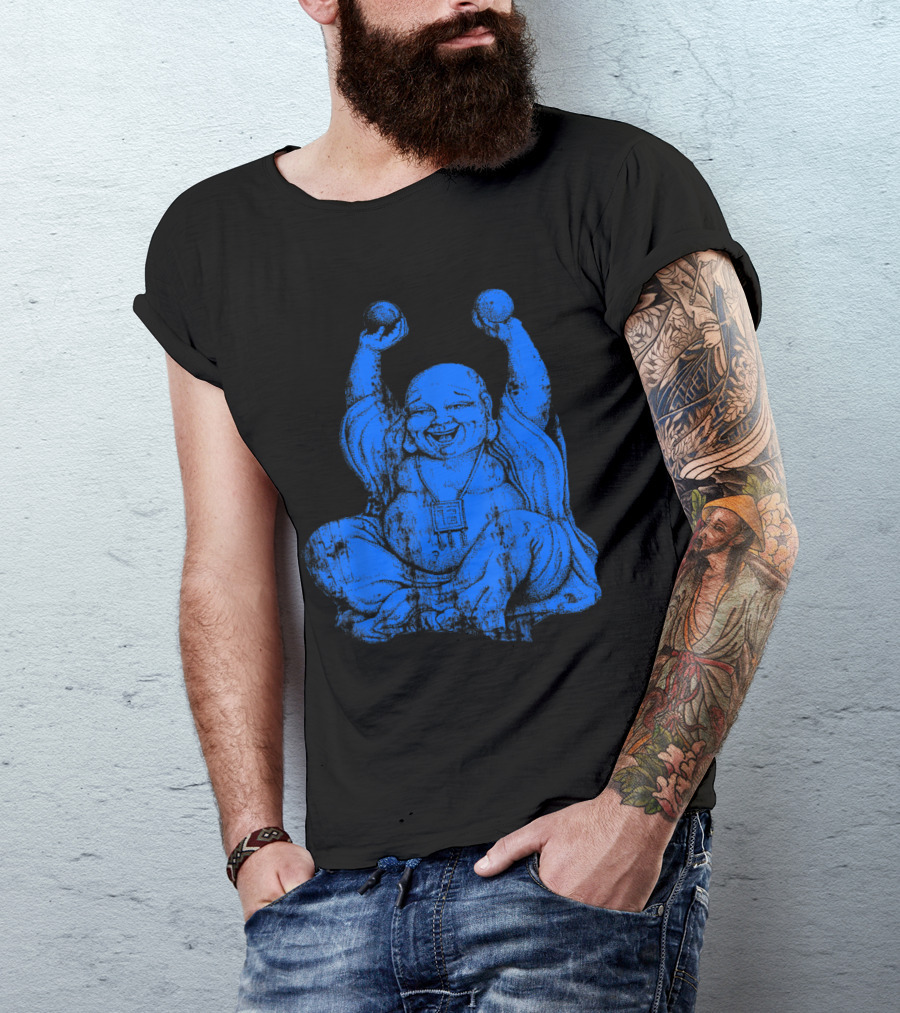 Blue Laughing Buddha Uplift Yoga Statue T-Shirt