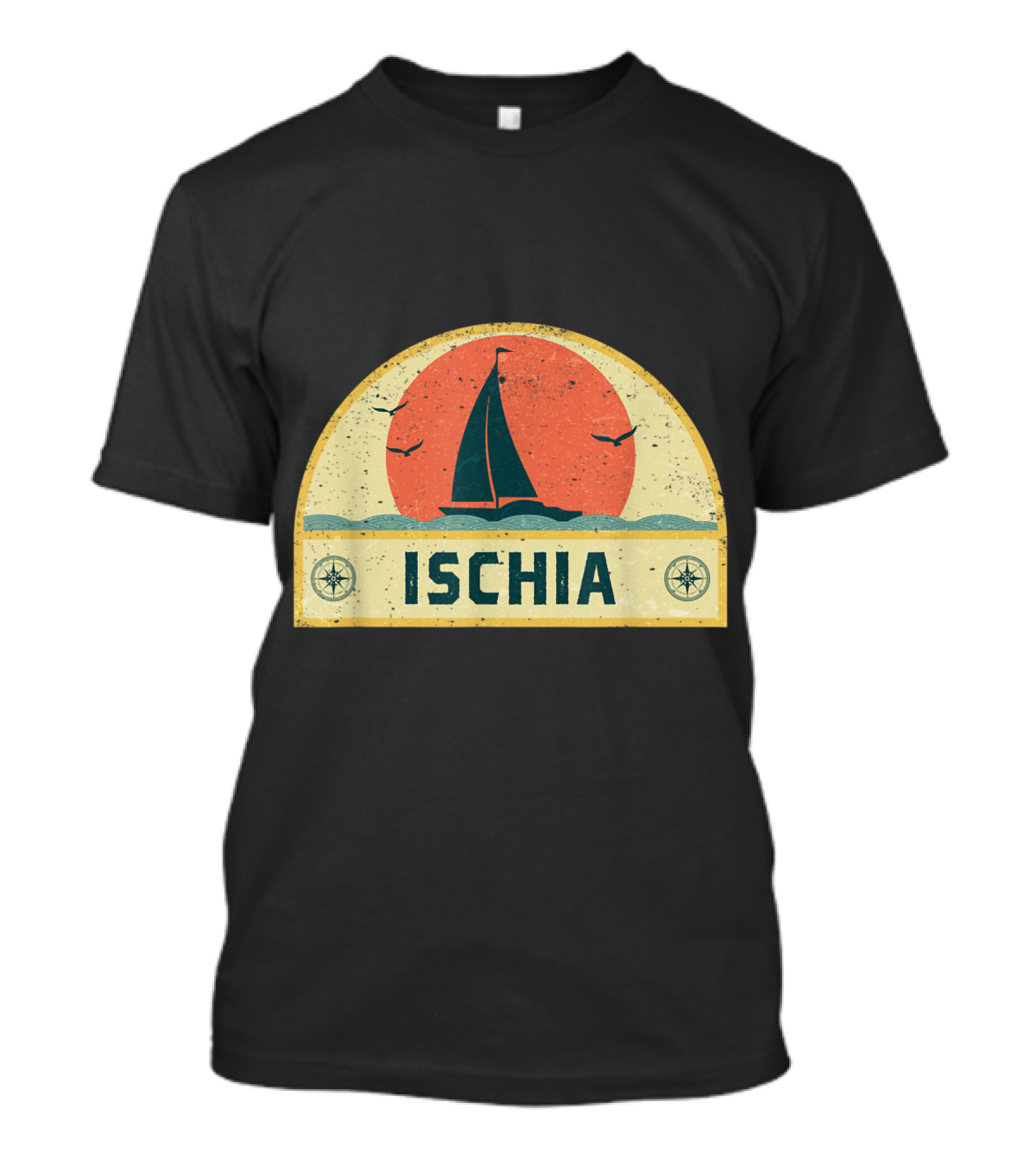 Ischia Italy Sailing Vacation Sunset With Sailboat And Seagulls T-Shirt