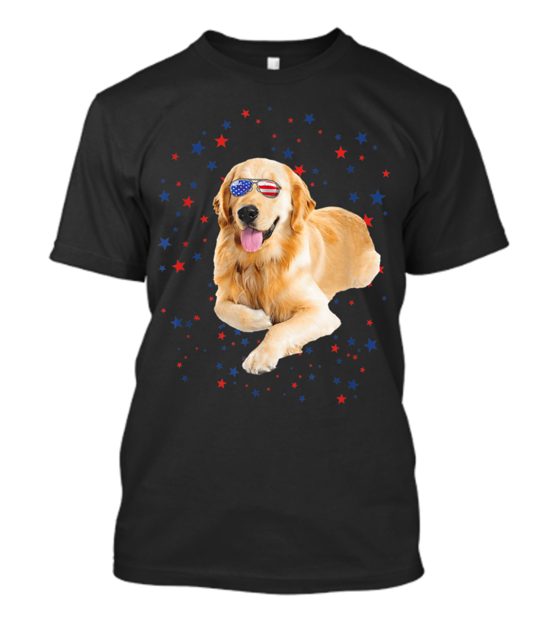 Golden Retriever Wearing American Flag Sunglasses With Red And Blue Stars T-Shirt