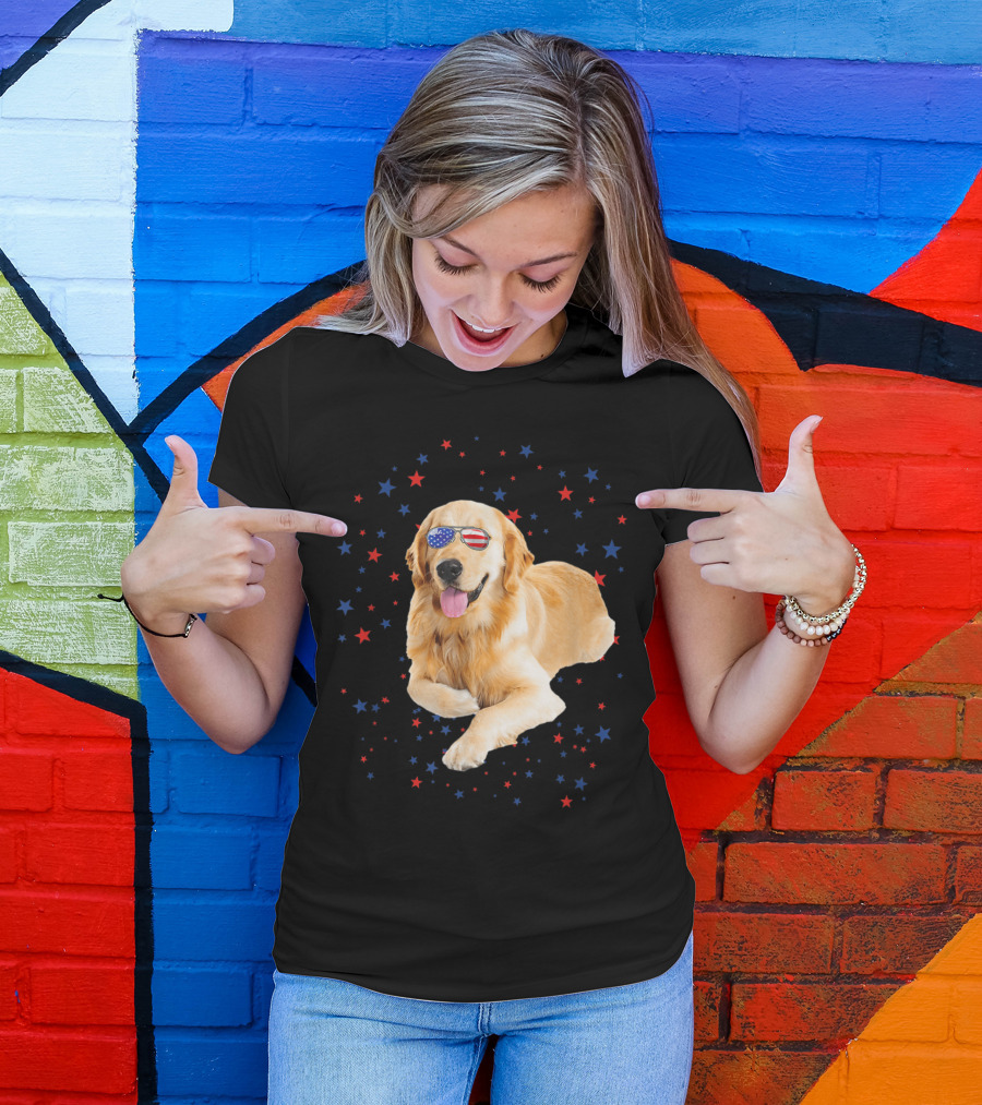 Golden Retriever Wearing American Flag Sunglasses With Red And Blue Stars T-Shirt