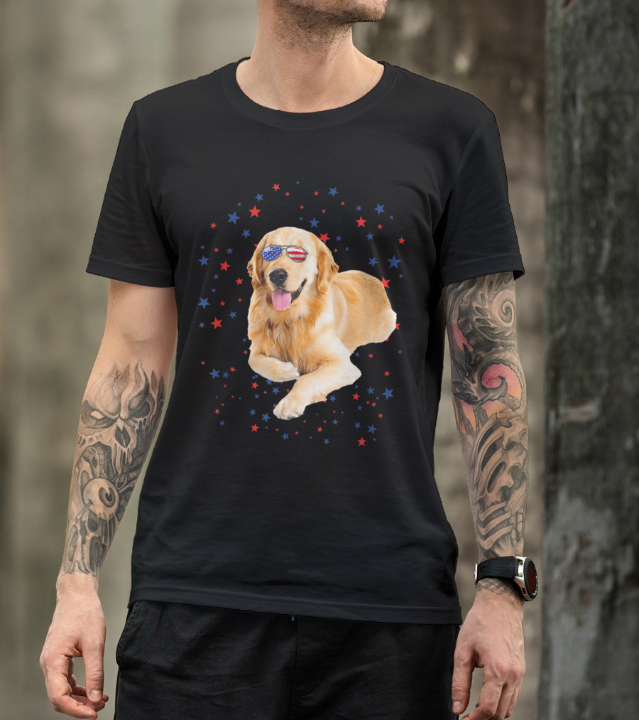 Golden Retriever Wearing American Flag Sunglasses With Red And Blue Stars T-Shirt