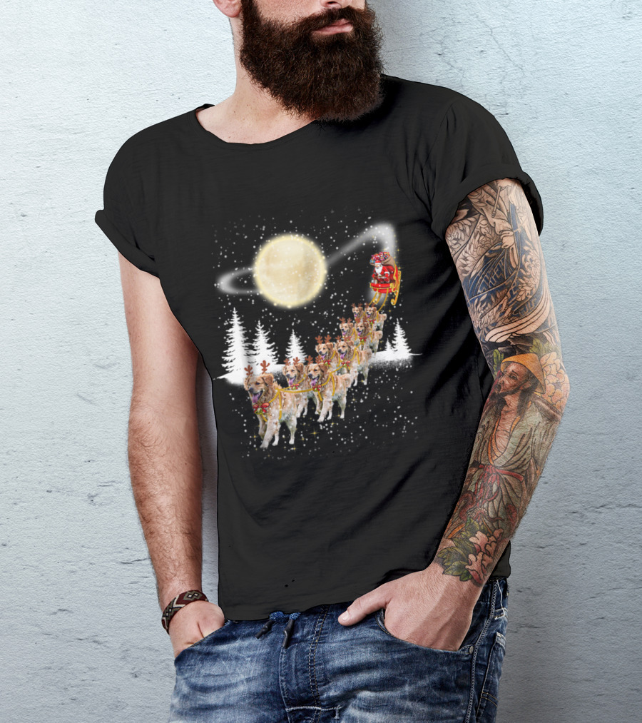 Golden Retriever Reindeer Santa Sleigh Under A Full Moon In Snowy Forest T-Shirt