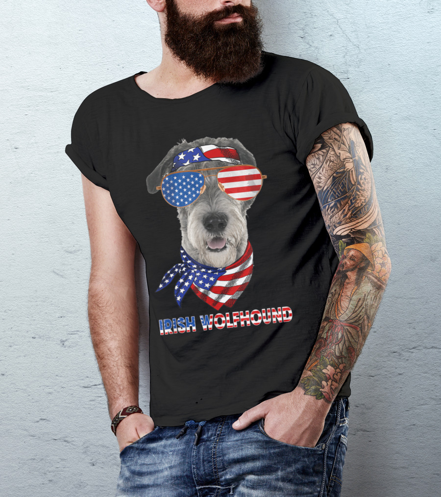 Irish Wolfhound With American Flag Bandana And Sunglasses T-Shirt