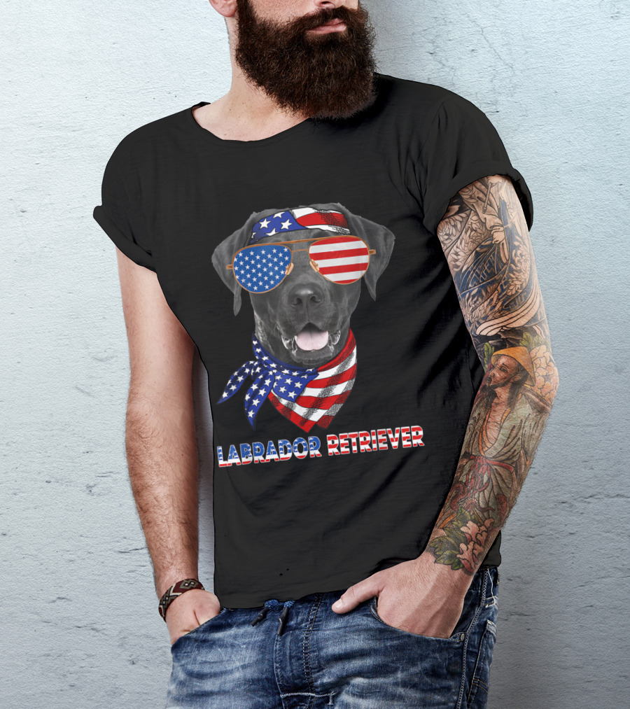 Patriotic Labrador Retriever With American Flag Sunglasses And Bandana T-Shirt