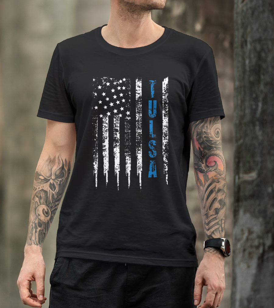 Distressed American Flag Blue Line Tulsa Nation T-Shirt