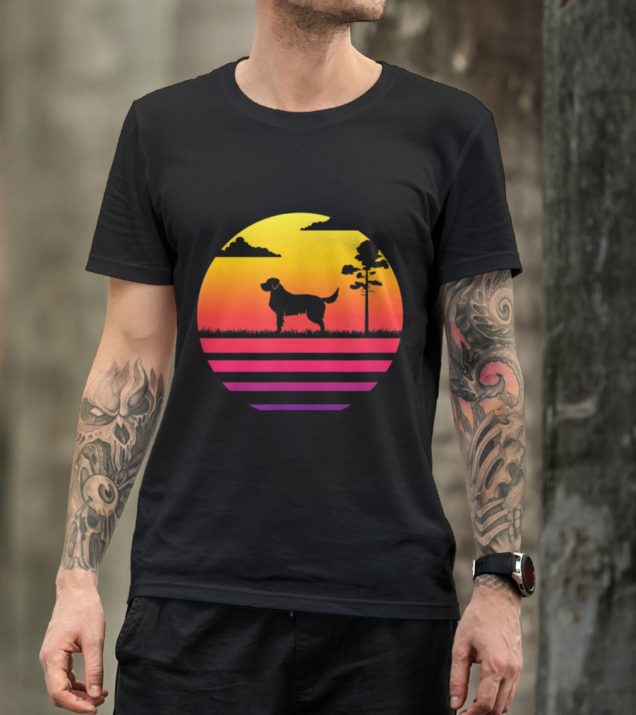 Golden Retriever Silhouette Retro Sunset Stripes Vintage Dog T-Shirt