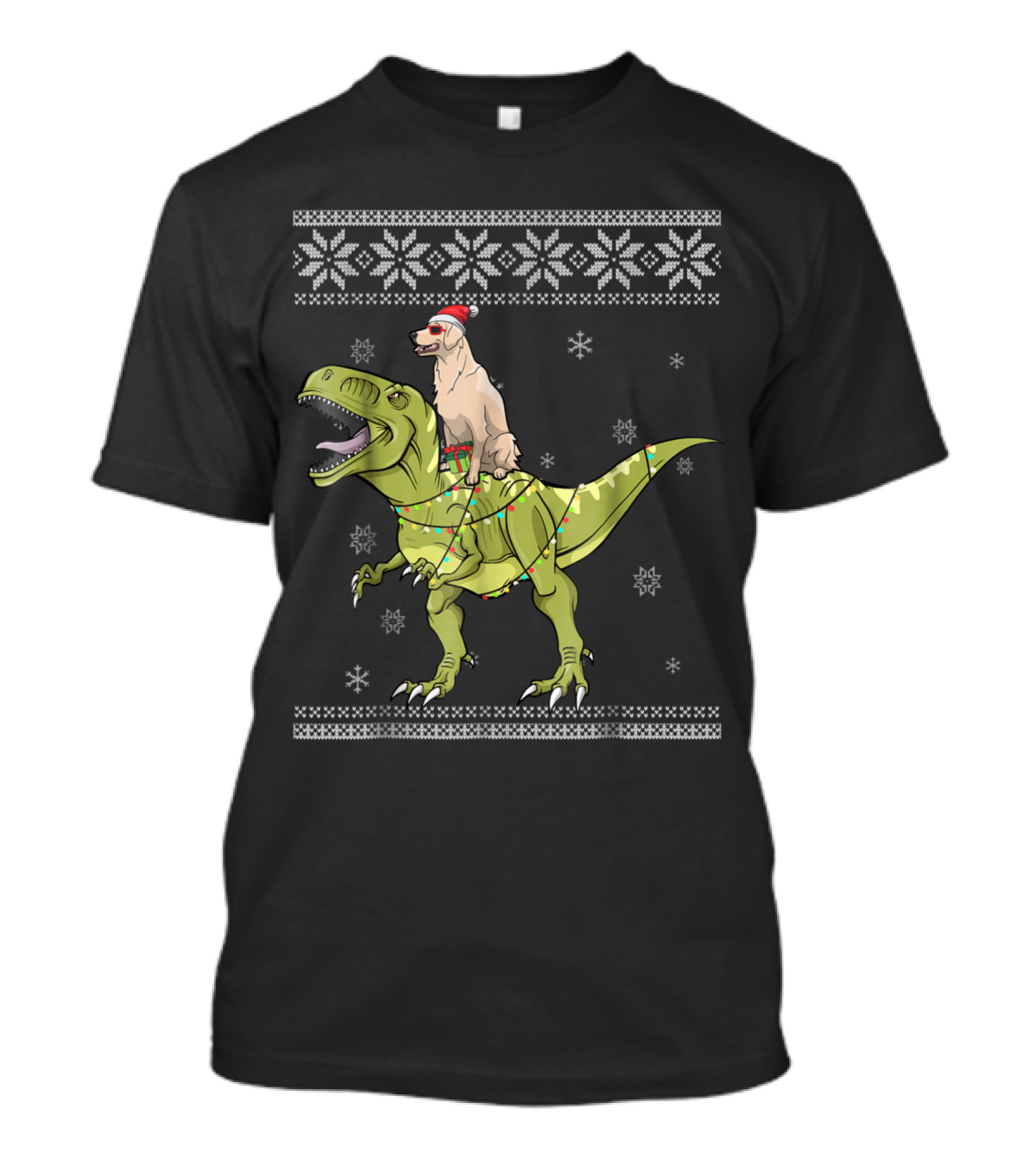 Golden Retriever Wearing Santa Hat Riding Dinosaur Ugly Christmas T-Shirt
