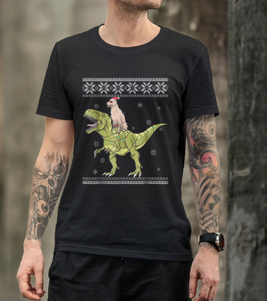Golden Retriever Wearing Santa Hat Riding Dinosaur Ugly Christmas T-Shirt