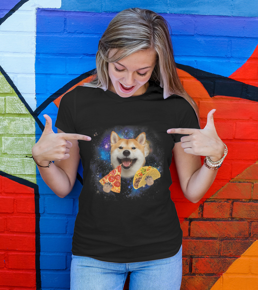 Akita In Space Eating Pizza And Taco With Galaxy Background T-Shirt