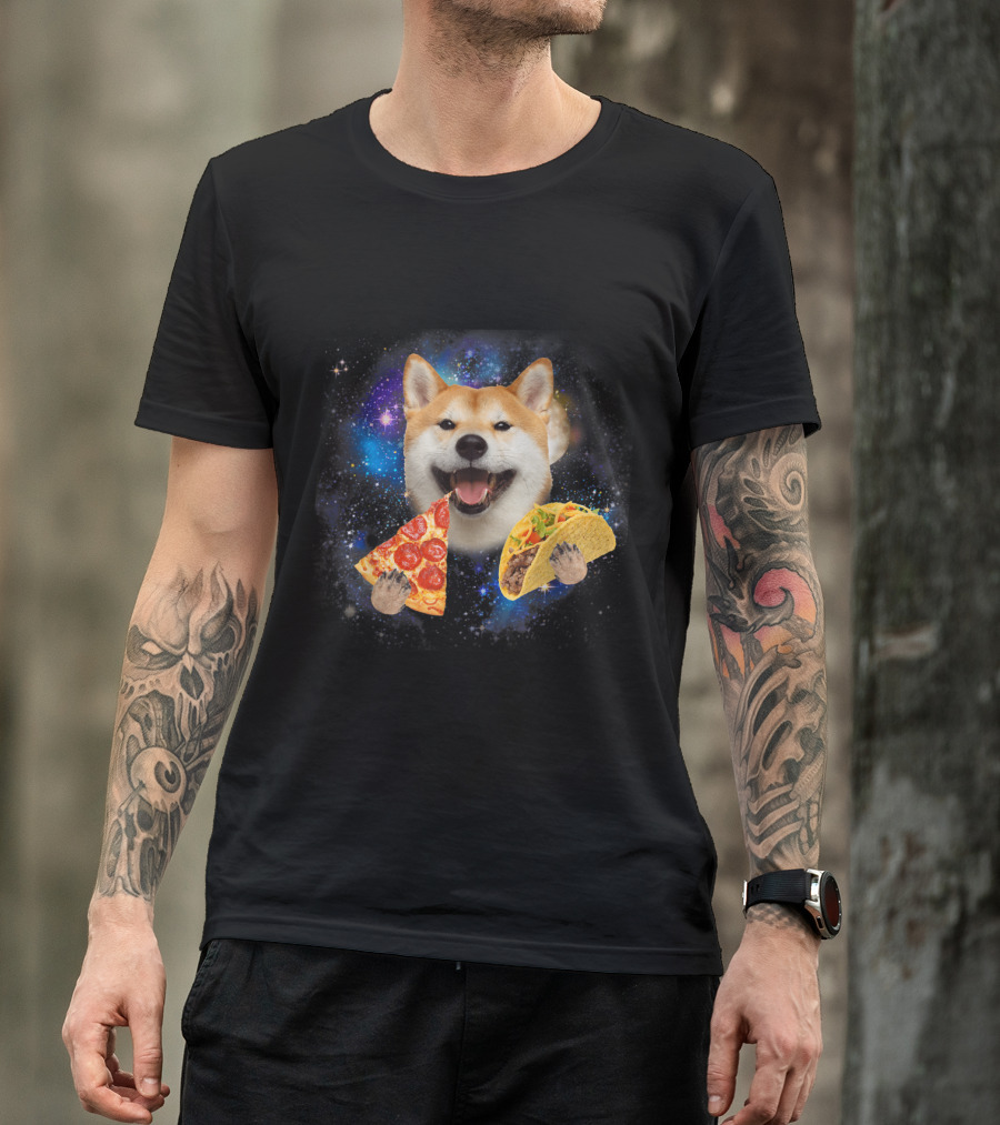 Akita In Space Eating Pizza And Taco With Galaxy Background T-Shirt