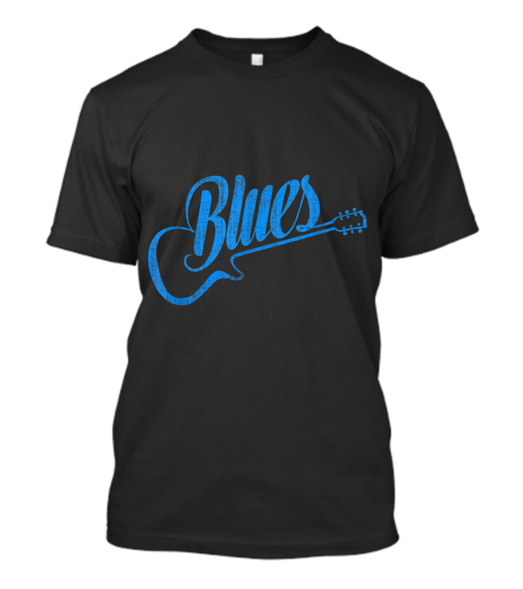 Blues Music Guitar Design Featuring Blue Text And Guitar Shape T-Shirt