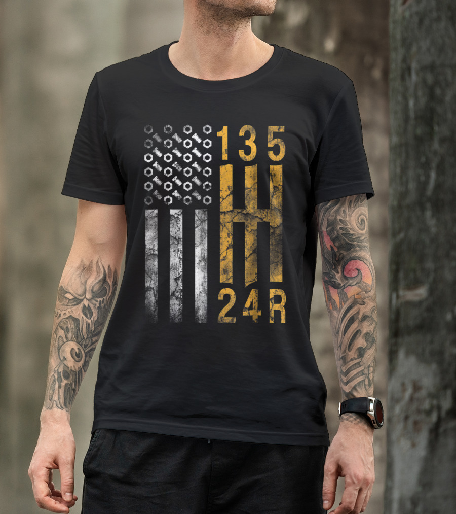 American Flag Gear Pattern 135 H 24R Stick Shift Mechanics T-Shirt