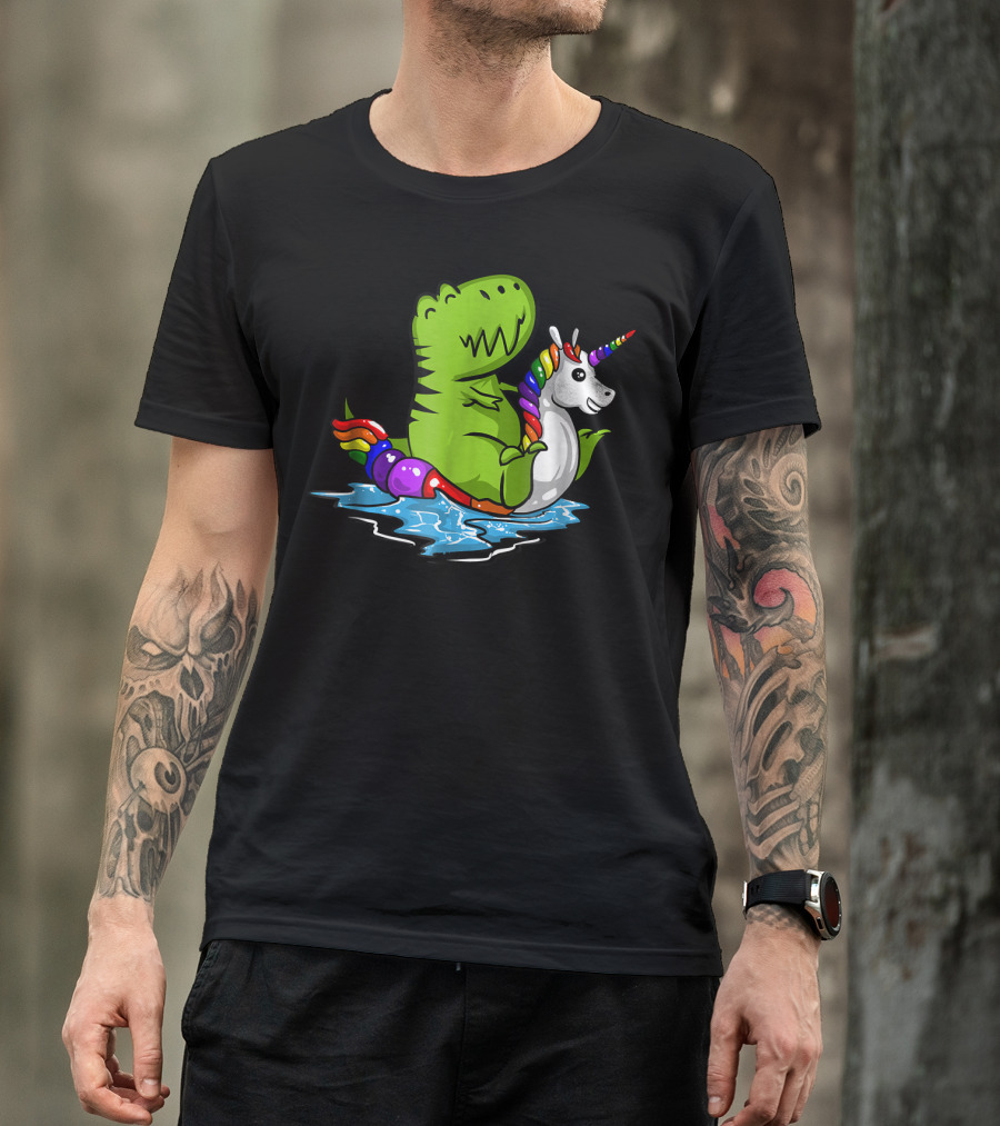 T Rex Dinosaur On Rainbow Unicorn Pool Float In Water T-Shirt