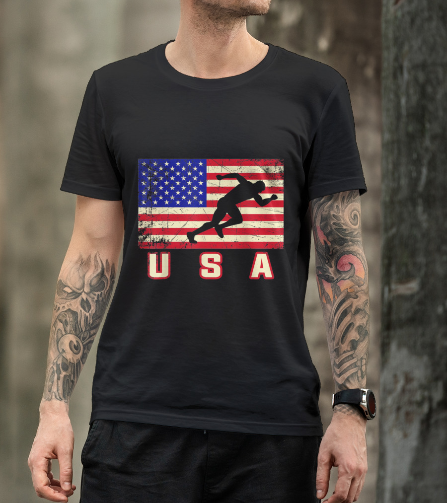 USA American Flag Track And Field Silhouette Patriotic Runner T-Shirt