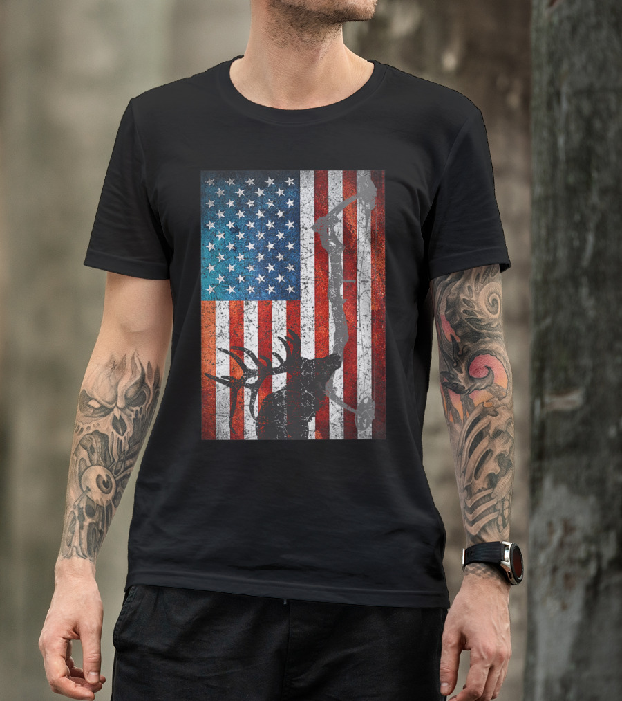 American Flag Elk Bow Hunting T-Shirt