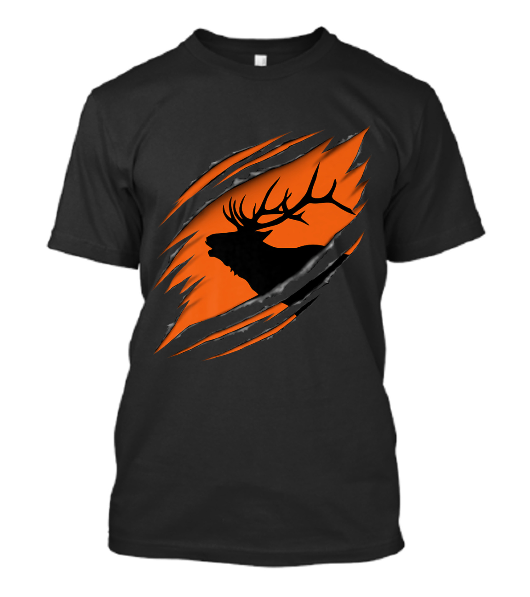 Roaring Elk Silhouette Behind Orange Claw Marks Scene T-Shirt