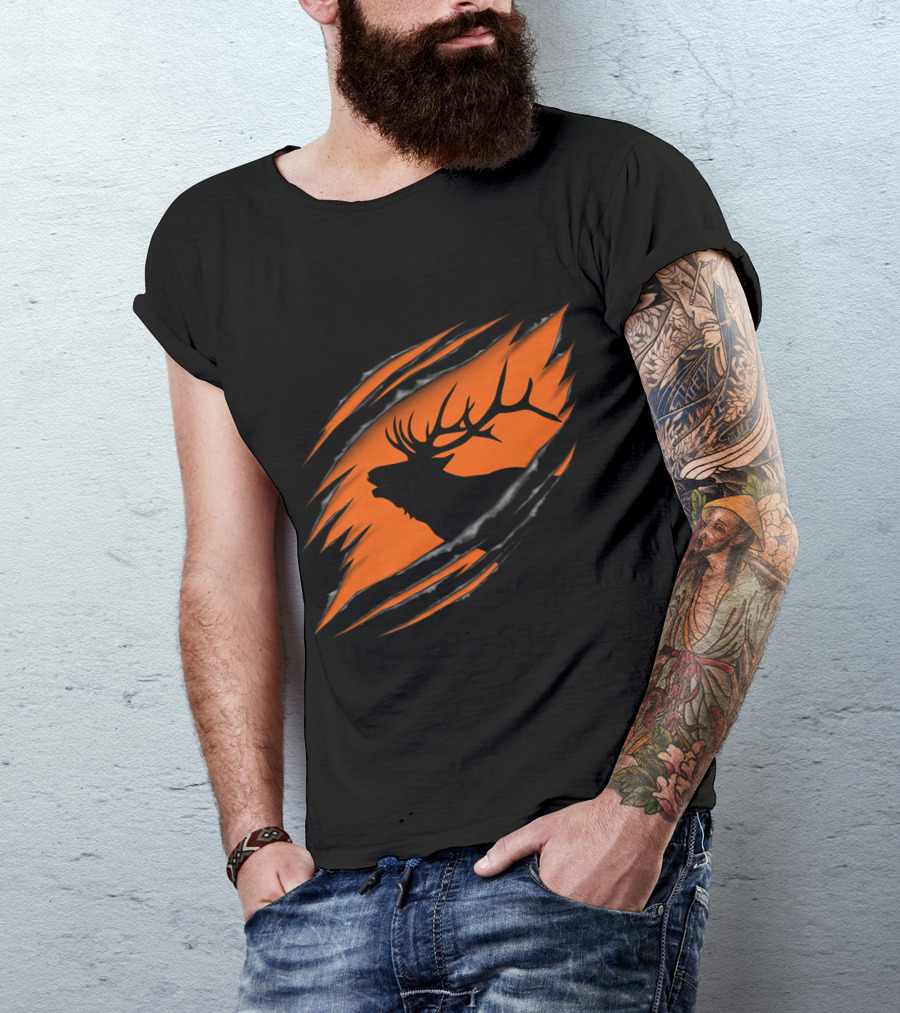 Roaring Elk Silhouette Behind Orange Claw Marks Scene T-Shirt