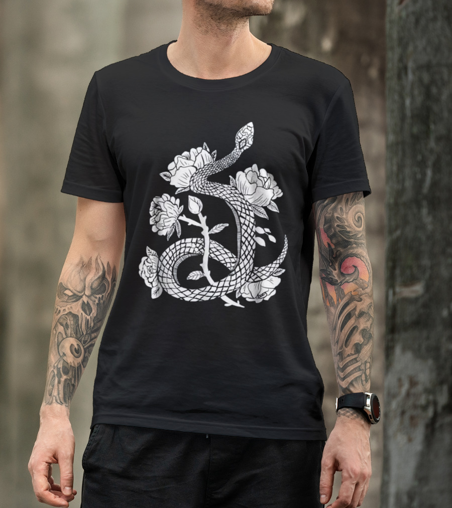 Gothic Witchy Snake Intertwined With Flowers Punk T-Shirt