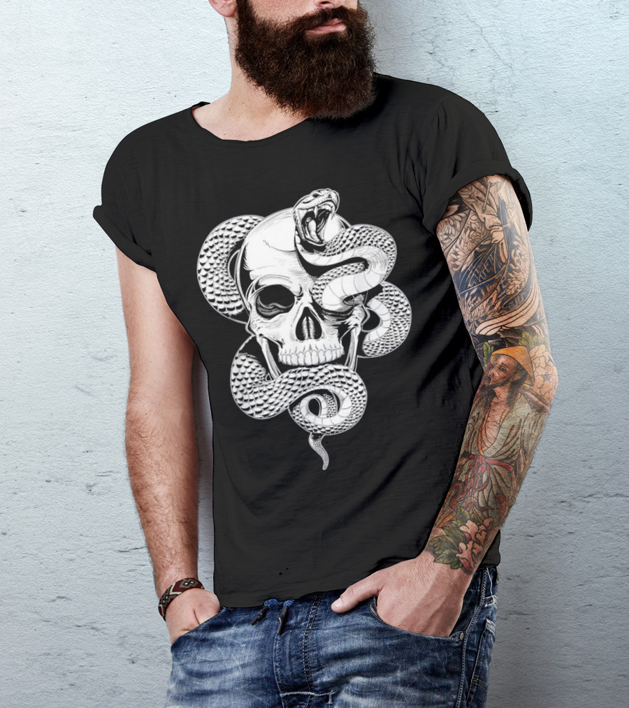Snake Wrapped Around Skull Skeleton T-Shirt