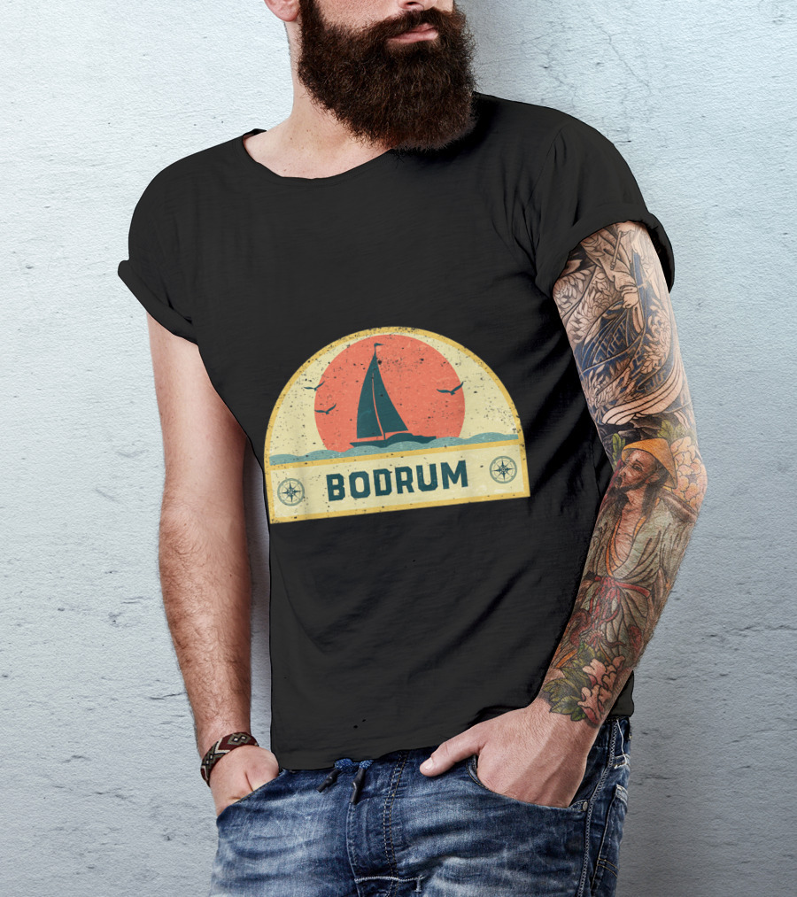 Vintage Bodrum Sailing Adventure With Sunset And Compass T-Shirt