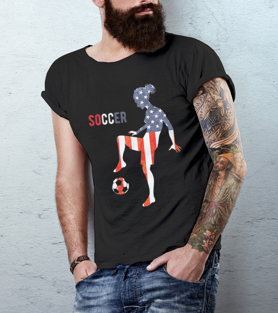 American Flag Silhouette USA Soccer Girl Kicking Ball T-Shirt