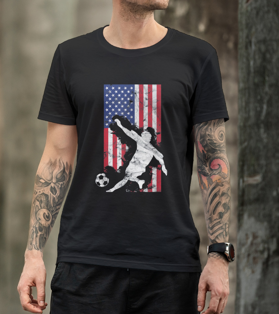 USA Soccer Player With American Flag Background T-Shirt