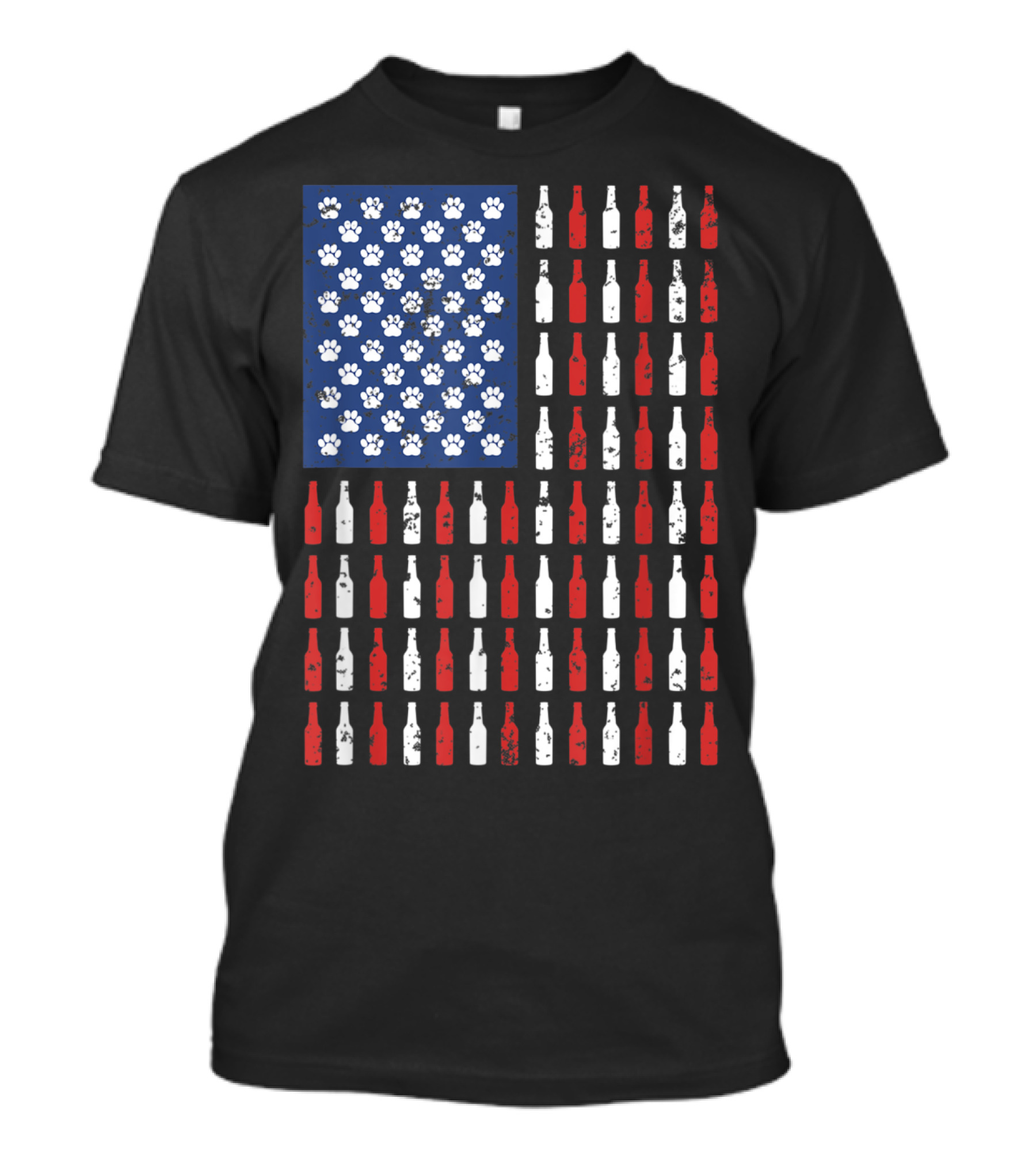 USA Flag Pattern With Dog Paws And Beer Bottles T-Shirt