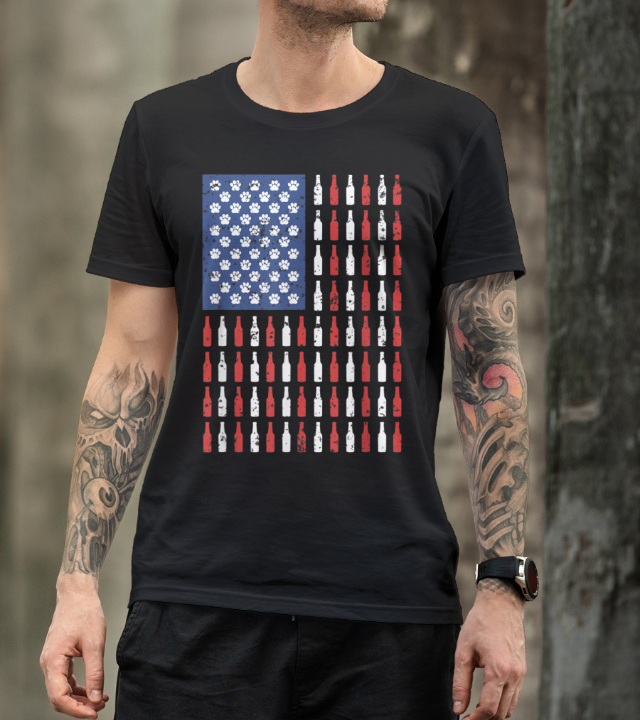 USA Flag Pattern With Dog Paws And Beer Bottles T-Shirt