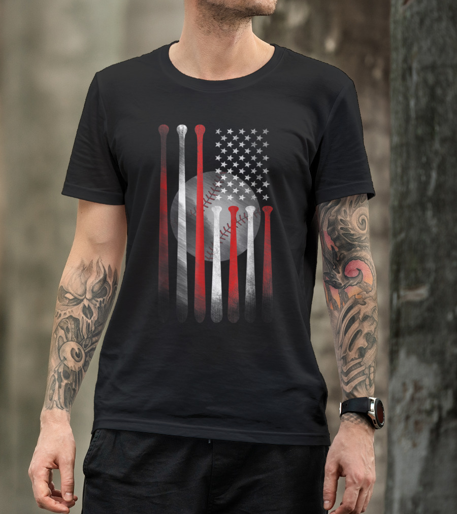 American Flag Baseball Design With Vintage Theme And Bat Elements T-Shirt