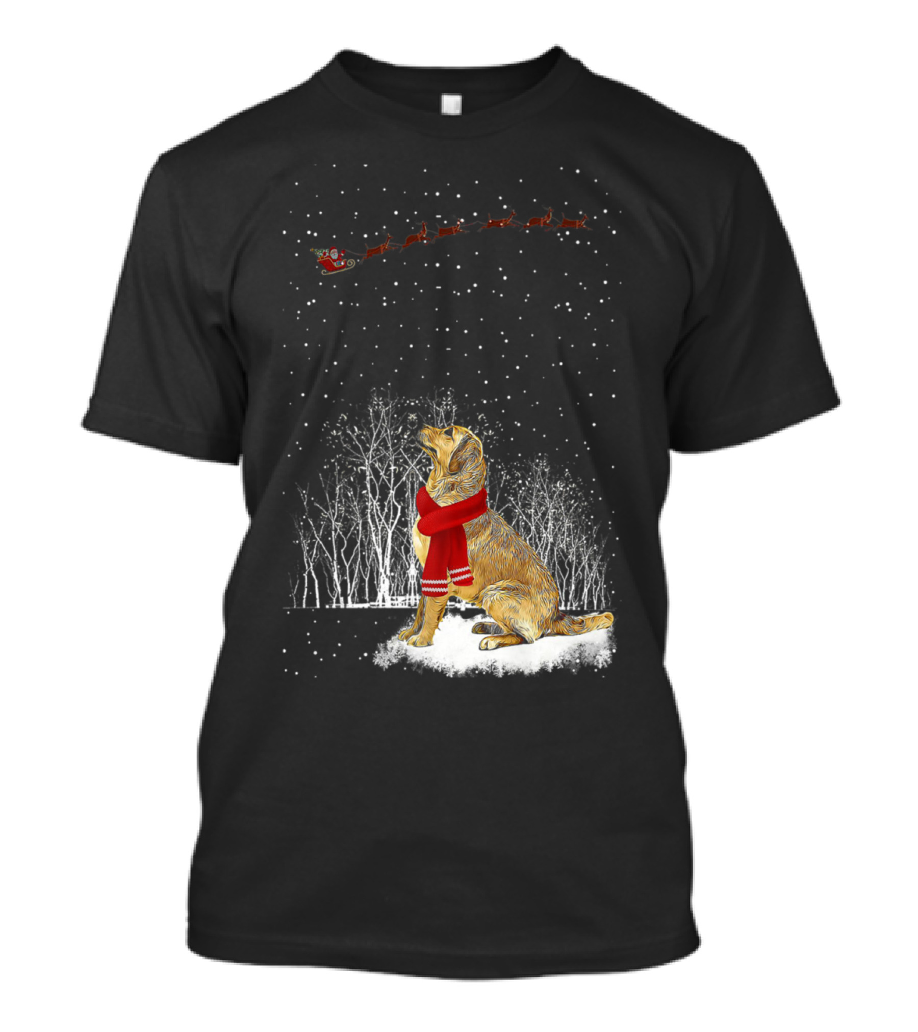 Golden Retriever With Scarf Watching Santa Sleigh In Snowy Forest Scene T-Shirt