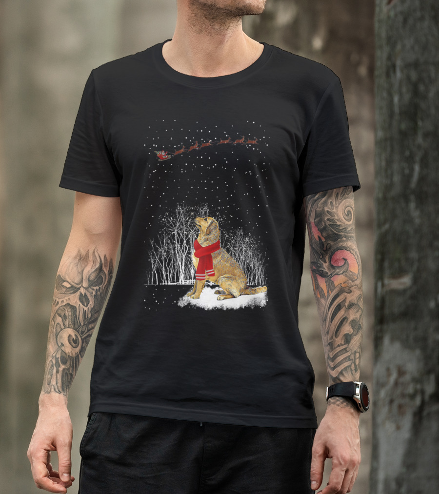 Golden Retriever With Scarf Watching Santa Sleigh In Snowy Forest Scene T-Shirt
