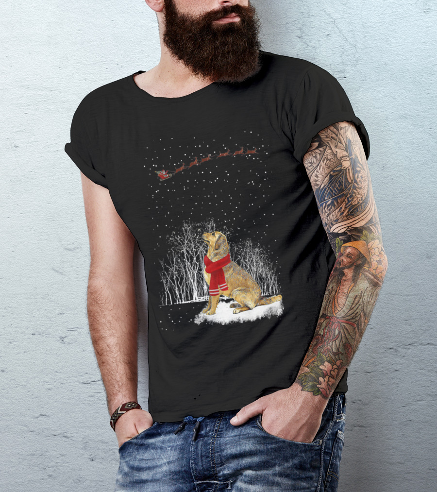 Golden Retriever With Scarf Watching Santa Sleigh In Snowy Forest Scene T-Shirt