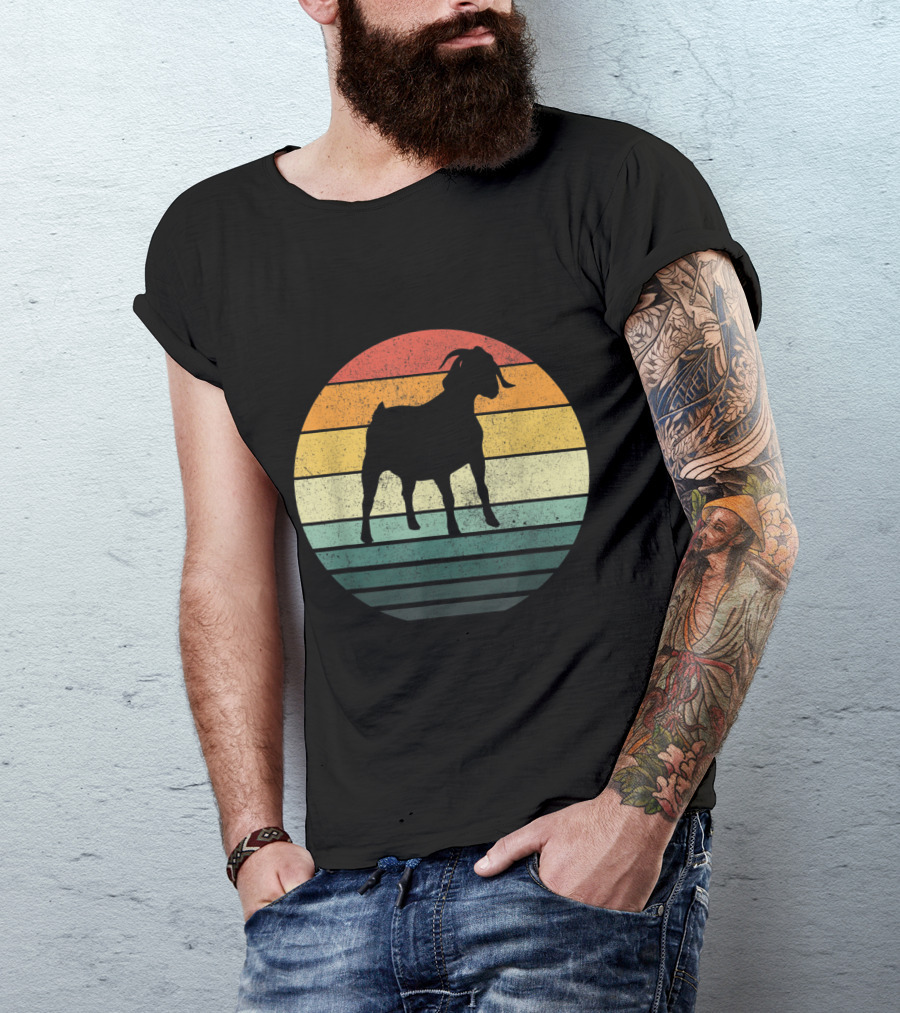 Boer Goat Vintage Silhouette Against Striped Sunset Circle T-Shirt