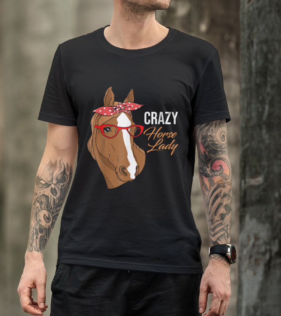 Crazy Horse Lady Fun Bandana Glasses Retro Style Horse T-Shirt