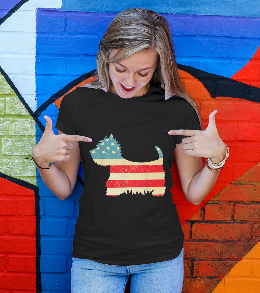 Vintage American Flag Westie Dog Silhouette 4th Of July T-Shirt