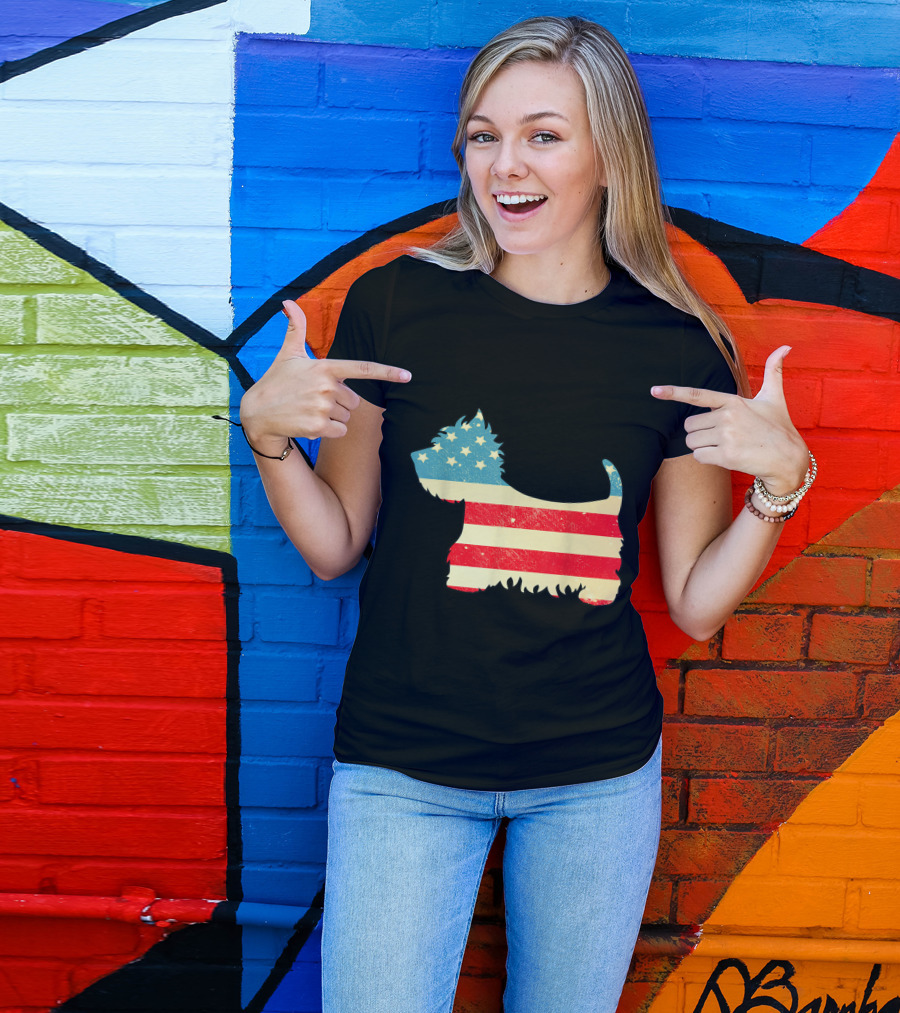 Vintage American Flag Westie Dog Silhouette 4th Of July T-Shirt
